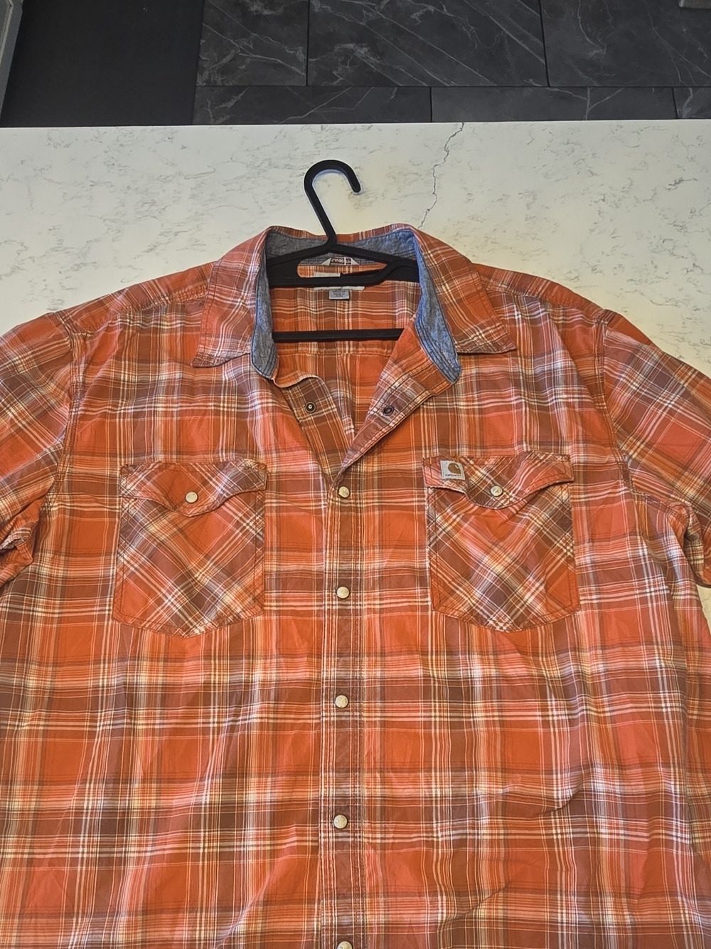 Carhartt Men's Rugged Flex Plaid Short Sleeve Pearl Snap Shirt Orange Size 2XL